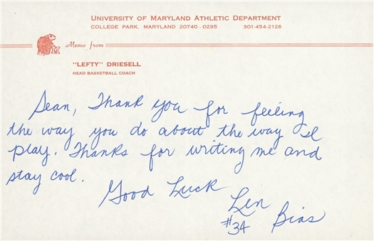 Len Bias Handwritten & Signed Letter on "Lefty" Driesell Letterhead (JSA)